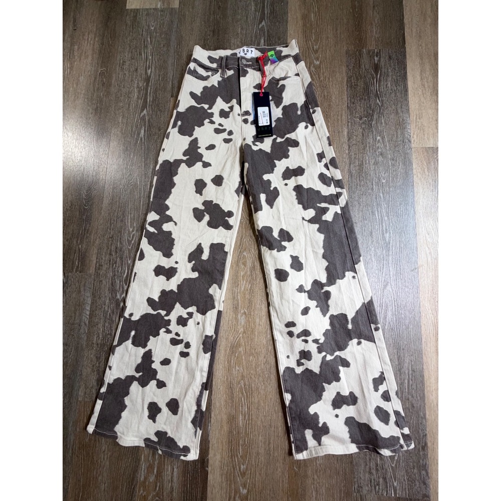 Vibrant M.I.U. Cow Print Wide Leg Pants Womens 26/5 Black White High Rise Denim